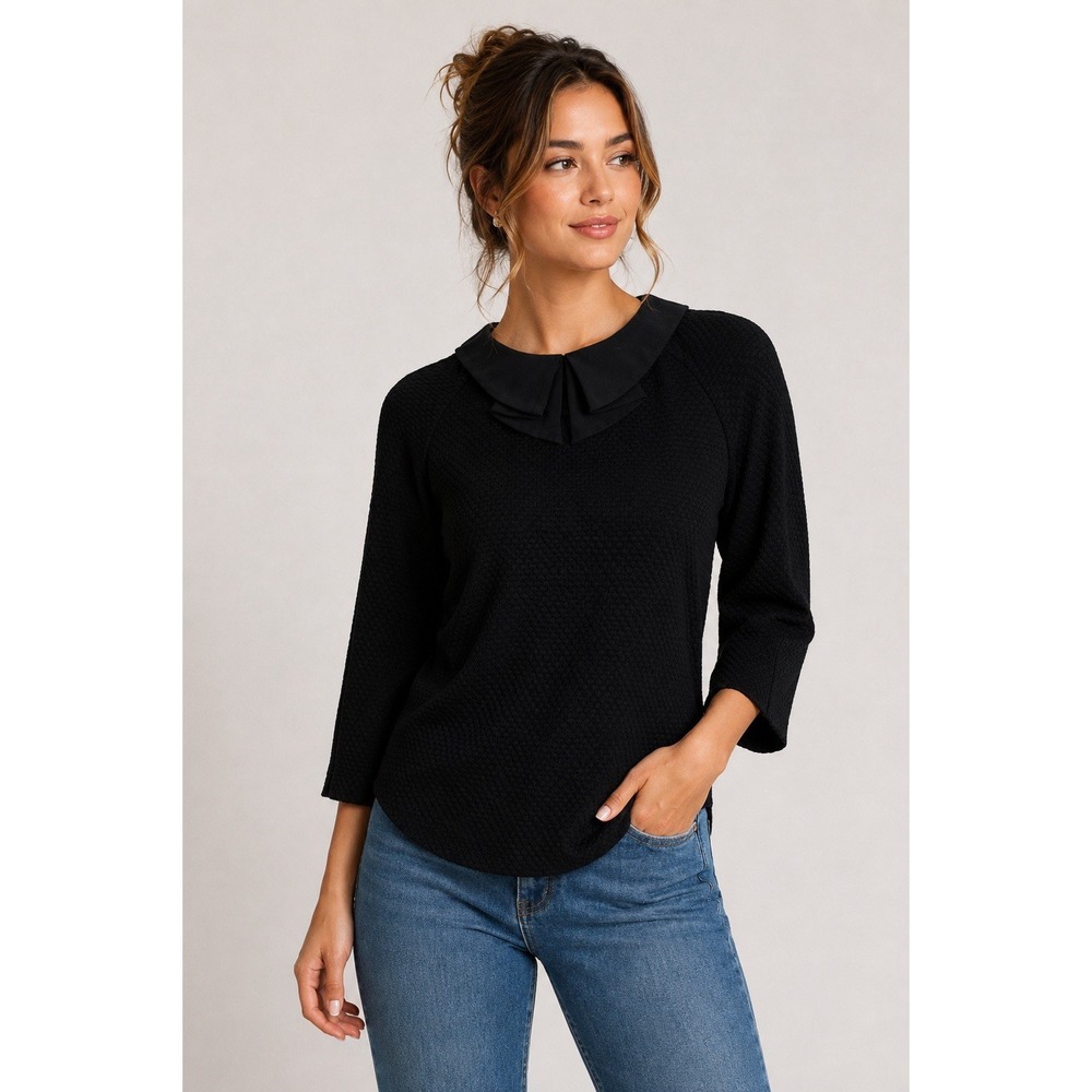 Marcs Black Textured Blouse Silk Peter Pan Collar Long Sleeve Workwear Top M